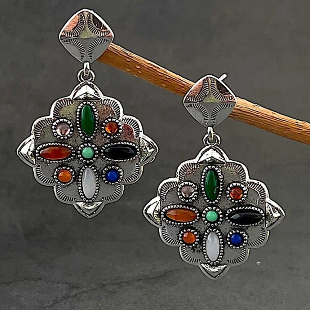Vintage Multicolor Handmade Earrings, Silver Gemstone